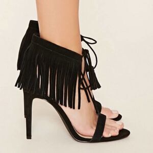 Forever 21 black fringe lace up heels
